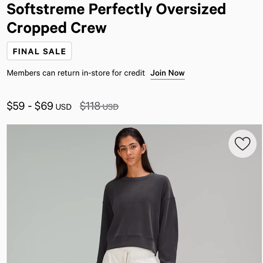 lululemon athletica softstreme perfectly oversized crew sz8